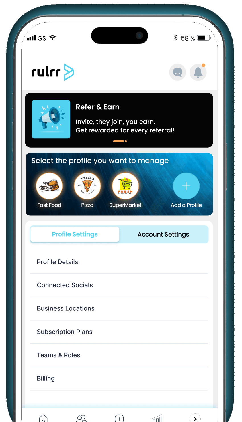 Application Rulrr pour agences — gérez les profils, parrainez et gagnez