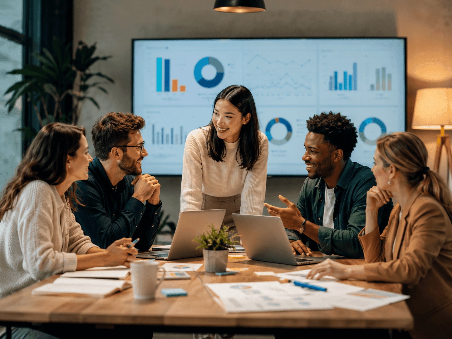 Une équipe d'agence collaborant autour de tableaux de bord de campagnes