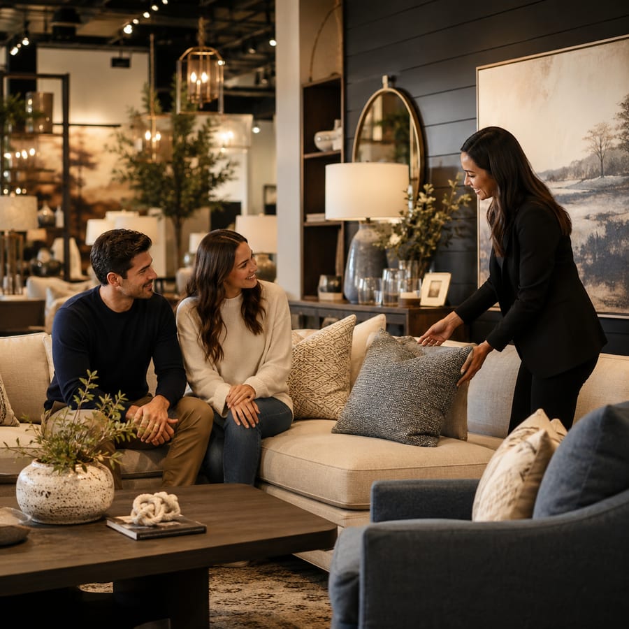 Personnel d'un showroom de meubles aidant des clients